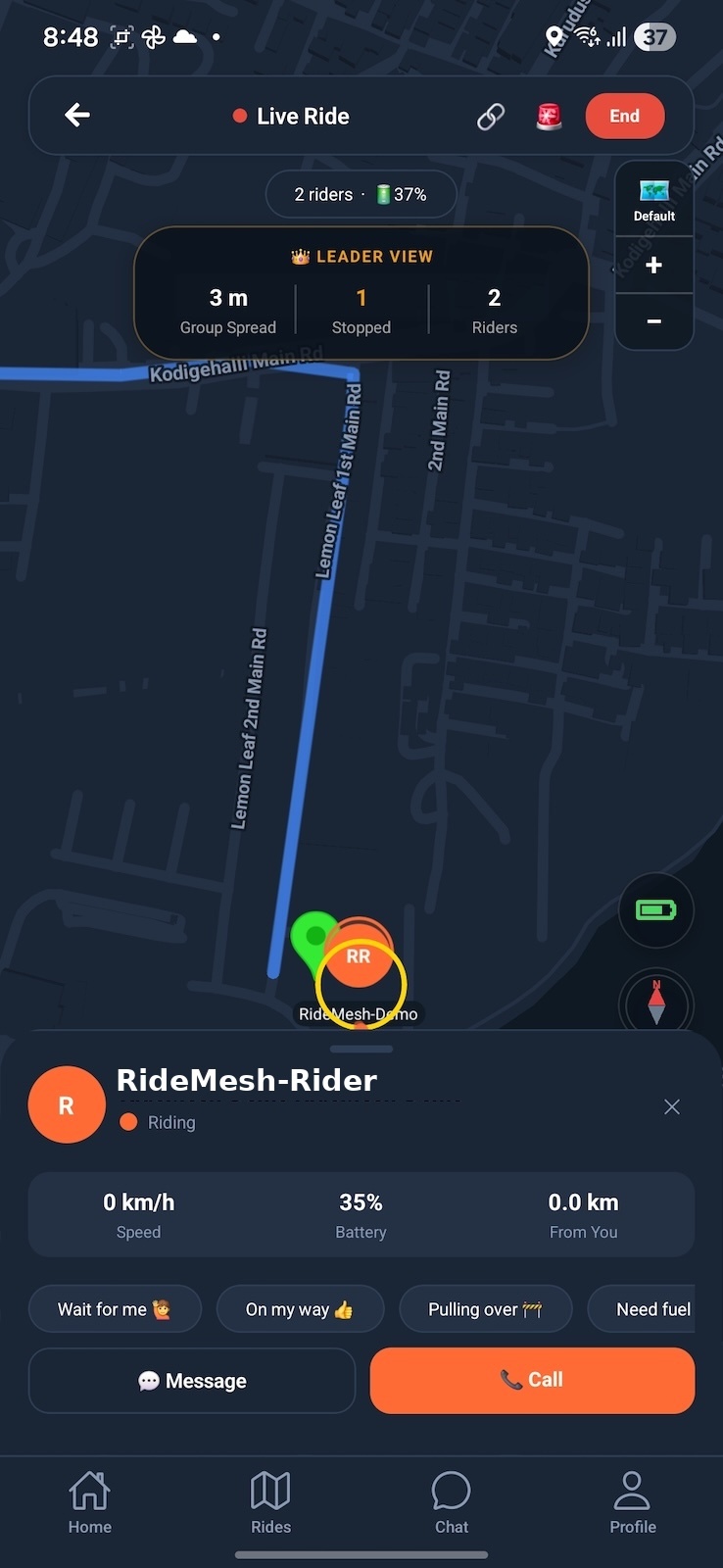 RideMesh live ride map showing riders and route