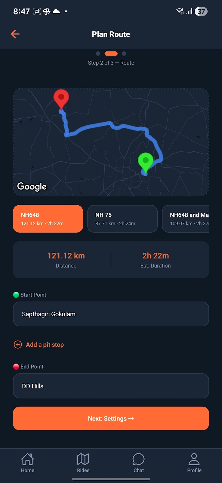 Plan route screen